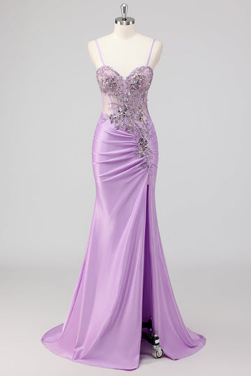 Sirène violette spaghetti bretelles Corset Sequin Robe longue de bal